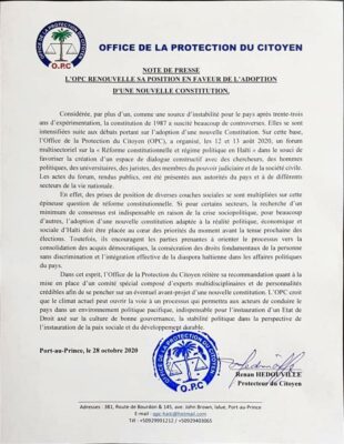 Haiti/ Constitution: L'OPC propose la mise en place d'un comité d'experts et de personnalités crédibles!