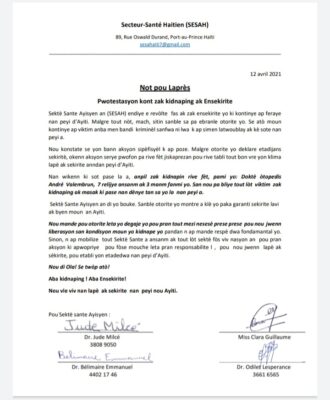 Kidnapping en cascade en Haïti, SESAH inquiète et exhorte l'État haïtien à prendre ses responsabilités pour freiner ce fléau