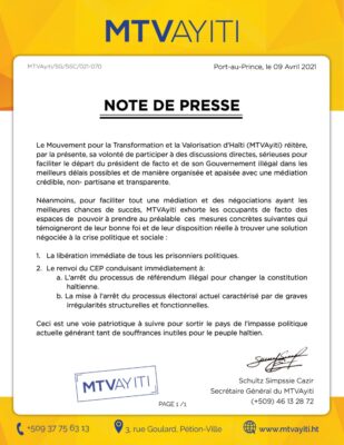 Crise Politique: MTV Ayiti conditionne sa participation à tout dialogue politique 3 Crise Politique: MTV Ayiti conditionne sa participation à tout dialogue politique
