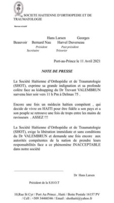 Insécurité /Kidnapping : La société Haïtienne d'Orthopédie et de Traumatologie exige la libération du Dr Trevant VALENBRUN