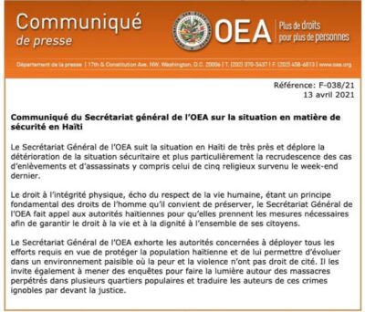 Préoccupée par la dégradation de la situation sécuritaire,l'OEA appelle les autorités à assumer leur responsabilité