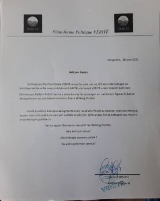 Haiti-Kidnapping : La Plateforme Politique VERITE exige la libération de Wilken Dicette 4 Haiti-Kidnapping : La Plateforme Politique VERITE exige la libération de Wilken Dicette