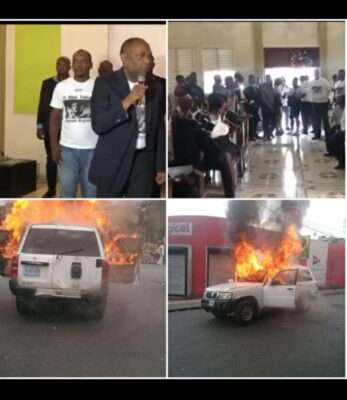 Deux véhicules de plaques SE incendiés au centre-ville de Port-au-Prince, en marge des funérailles d'un militant du parti AAA