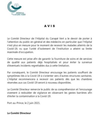 Haïti-Coronavirus: L'hôpital du Canapé Vert débordé par l’afflux de patients atteints de covid-19