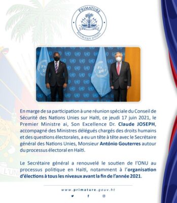 Antonio Guterres renouvelle le soutien de l'ONU à l'organisation des élections en Haiti,rapporte la Primature 2 Antonio Guterres renouvelle le soutien de l'ONU à l'organisation des élections en Haiti,rapporte la Primature