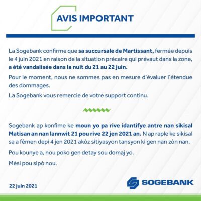 La succursale de la SogeBank de Martissant pillée hier soir