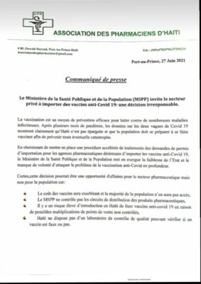 Haïti/Santé: L'APH critique la décision du MSPP d'autoriser l'importation de vaccin anti-covid-19 par des agences privées 2 Haïti/Santé: L'APH critique la décision du MSPP d'autoriser l'importation de vaccin anti-covid-19 par des agences privées