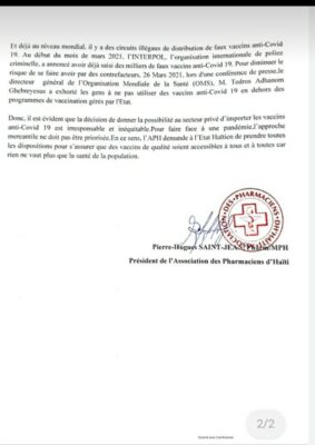 Haïti/Santé: L'APH critique la décision du MSPP d'autoriser l'importation de vaccin anti-covid-19 par des agences privées 4 Haïti/Santé: L'APH critique la décision du MSPP d'autoriser l'importation de vaccin anti-covid-19 par des agences privées