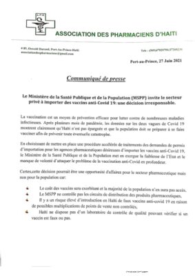 Haïti/Santé: L'APH critique la décision du MSPP d'autoriser l'importation de vaccin anti-covid-19 par des agences privées