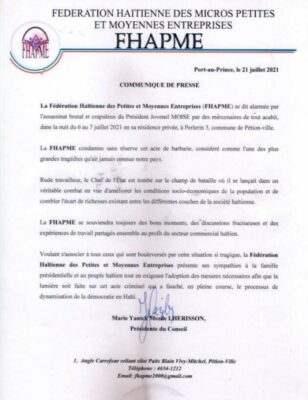 Assassinat de Jovenel Moïse : la Fédération haïtienne des petites et moyennes entreprises demande à la justice de faire lumière sur ce dossier