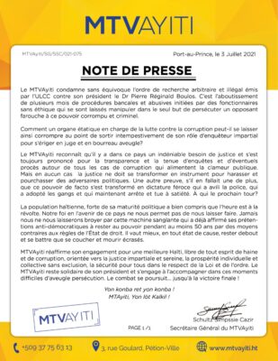 Le MTVAyiti qualifie de persécution Politique l'ordre de recherche de l'ULCC contre Dr Pierre Réginald BOULOS