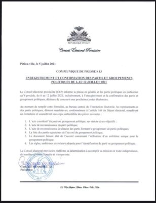Haïti-Élections : Le CEP lance le processus d'enregistrement des partis et regroupements Politiques