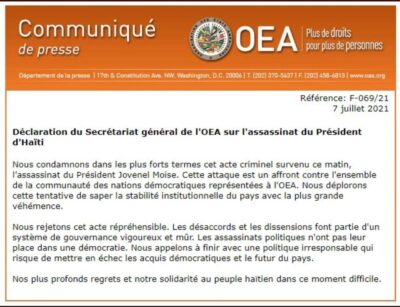 "L'assassinat du président Jovenel Moise, un affront contre l'ensemble de la communauté des nations démocratiques représentées à l'OEA"