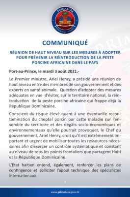 Haïti : Création d'une commission interministérielle pour lutter contre le virus peste porcine 3 Haïti : Création d'une commission interministérielle pour lutter contre le virus peste porcine