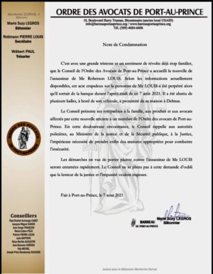 Assassinat de Me Roberson Louis: Le Conseil de l'Ordre des Avocats de Port-au-Prince va porter plainte