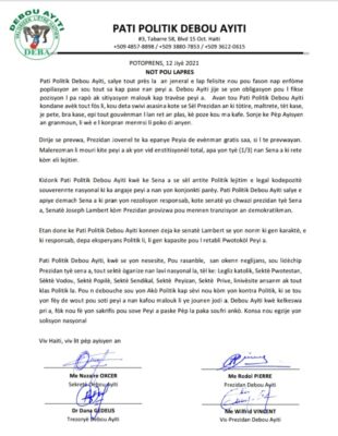 Crise Politique : Parti Politique Debout Haïti appuie le choix du sénateur Joseph Lambert comme président Provisoire