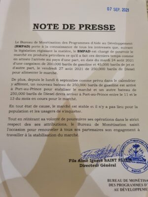 Haiti: Il n'y a pas de pénurie de carburant dans le pays, rassure le BMPAD 