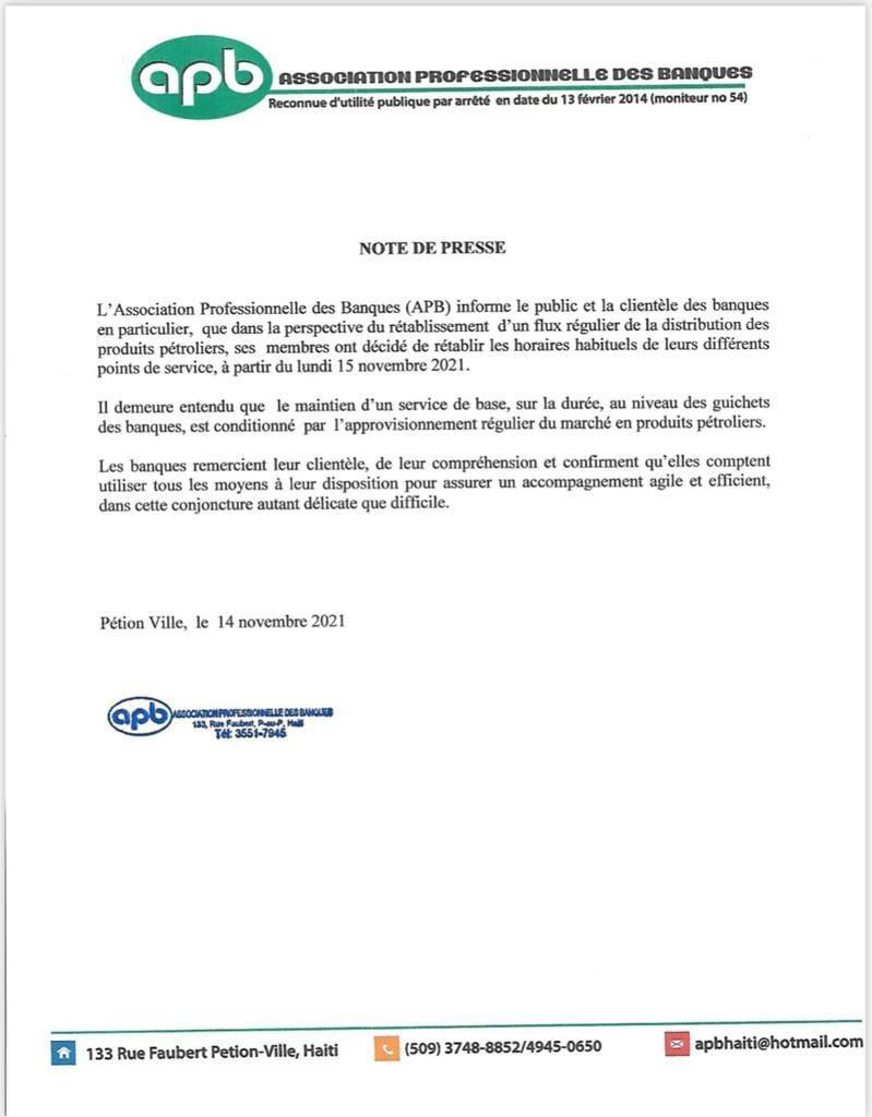 Haïti-Rareté de carburant: Reprise habituelle des horaires des banques commerciales à partir de lundi