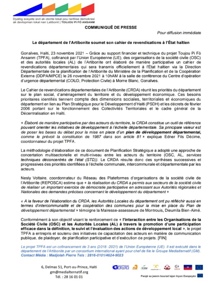 Le département de l'Artibonite est doté d'un cahier de revendications