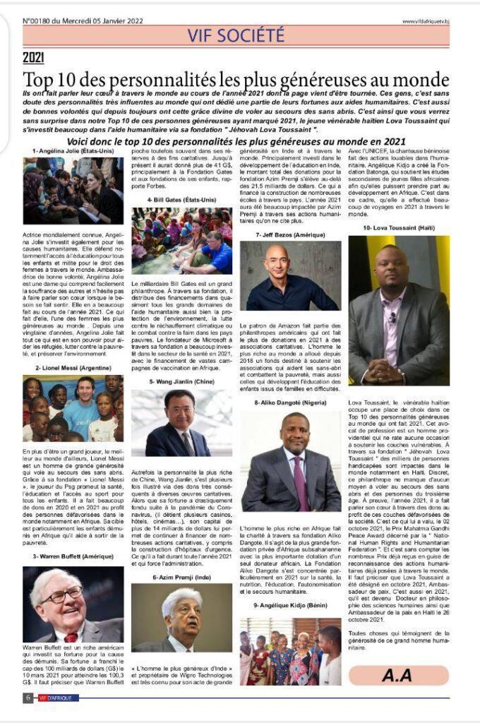 Le quotidien béninois ‘’Décryptage infos” sélectionne l’Haïtien Jéhovah Toussaint parmi les dix personnalités les plus généreuses au monde