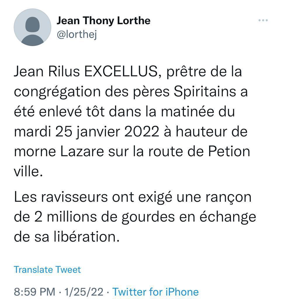 Petion-Ville: Un prêtre enlevé à morne Lazarre