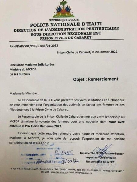 Le prix "Fierté haïtienne 2022" décerné au Dr Sofia LOREUS, Ministre à la condition Féminine, par le PPC
