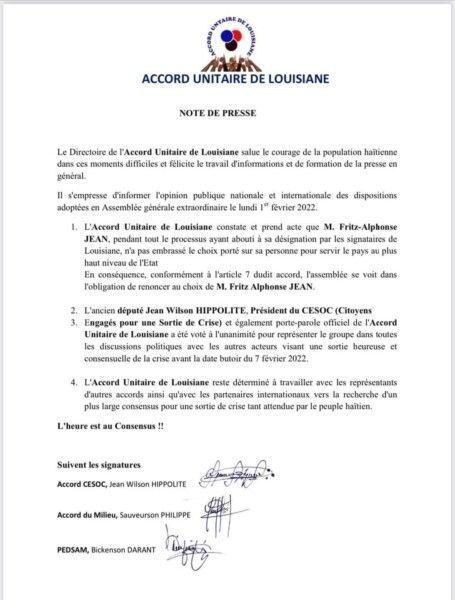 L'accord unitaire de Louisiane prend ses distances avec Fritz A. Jean