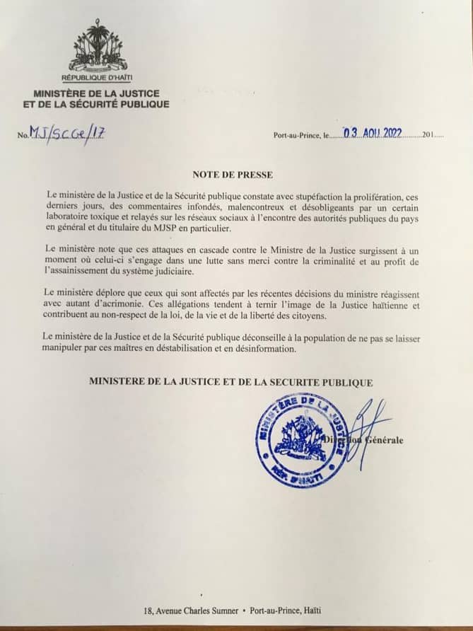Haïti/Justice : Le ministre de la Justice réagi face aux rumeurs relatifs à sa démission