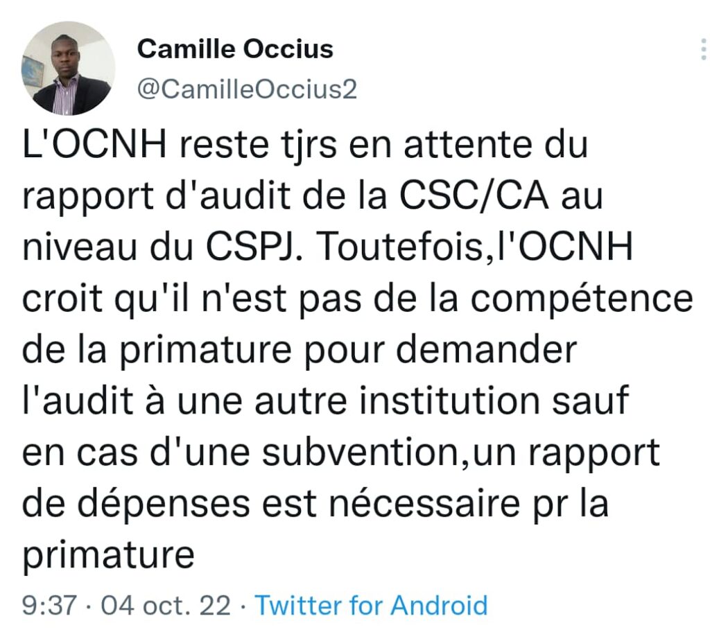 Dossier relatif à la gestion des dépenses du CSPJ: l'OCNH recadre le premier ministre Ariel Henry