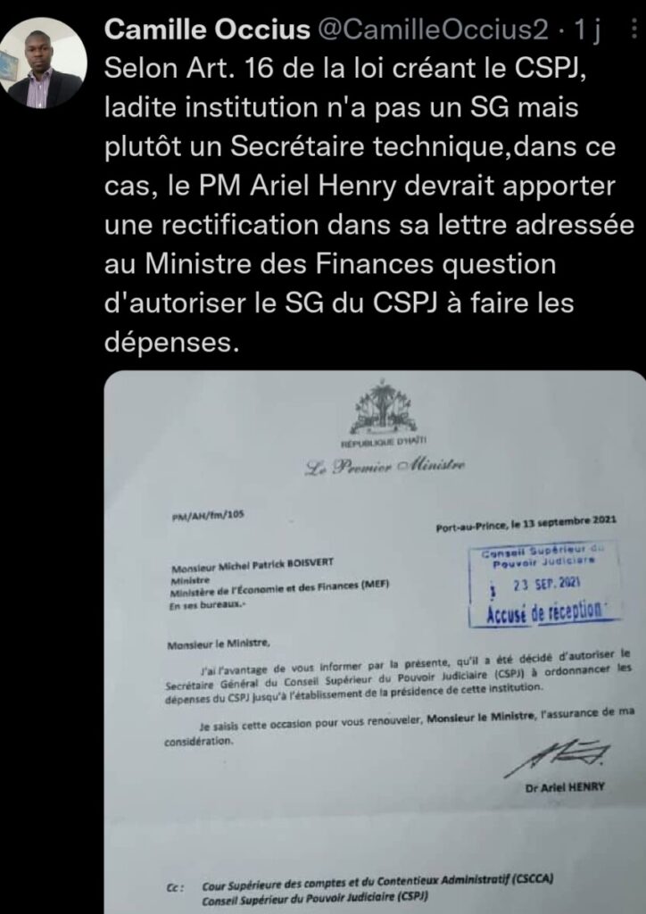 Dossier relatif à la gestion des dépenses du CSPJ: l'OCNH recadre le premier ministre Ariel Henry