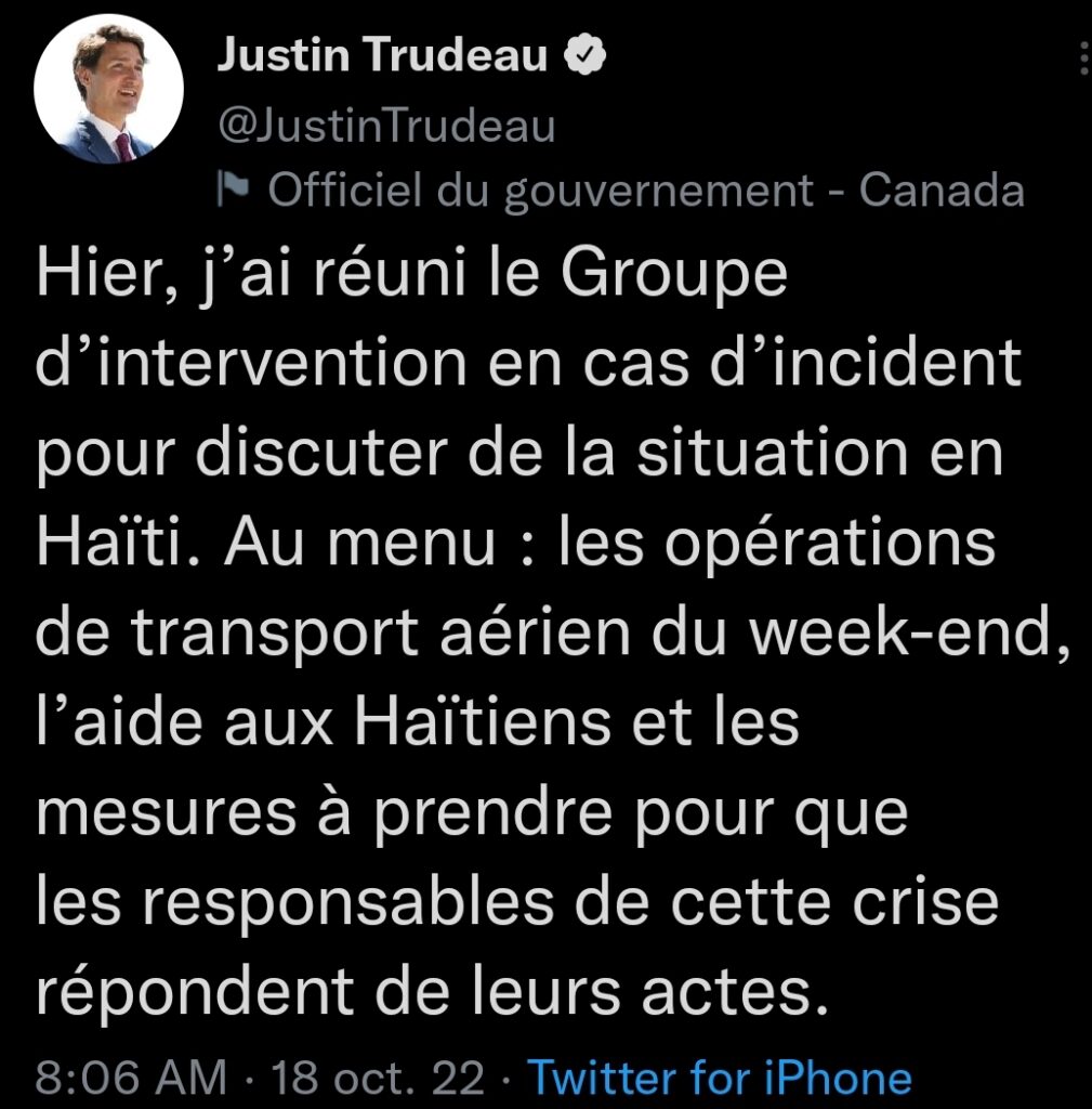 Le Groupe d'intervention en cas d'incident répond à l'appel de Justin Trudeau autour de la crise haïtienne