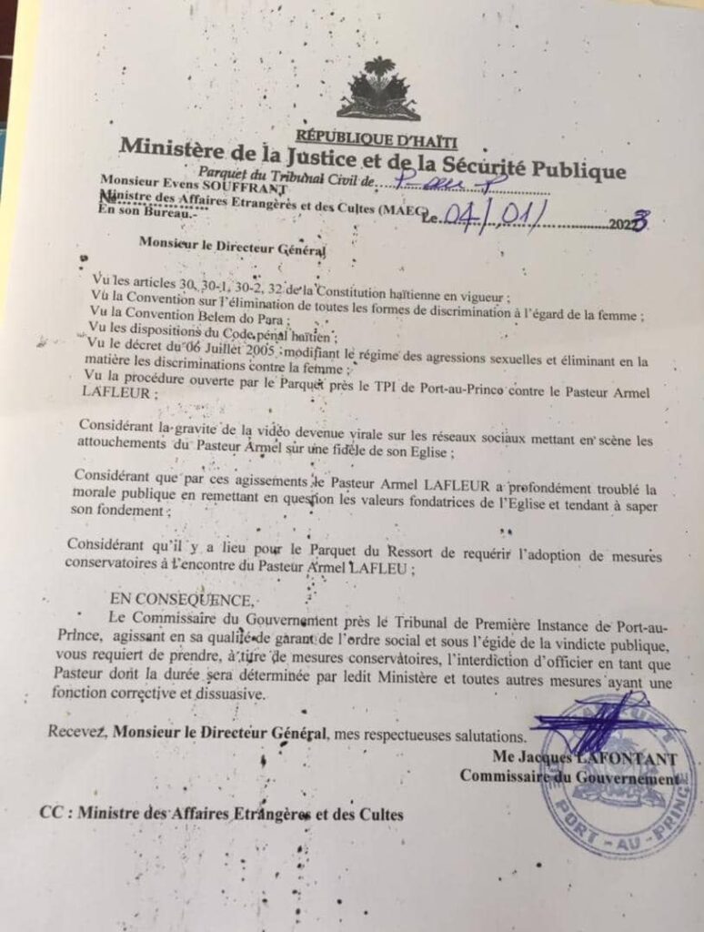 Après avoir boudé l'invitation du parquetier Jacques Lafontant, Pasteur Armel Lafleur interdit de quitter le pays