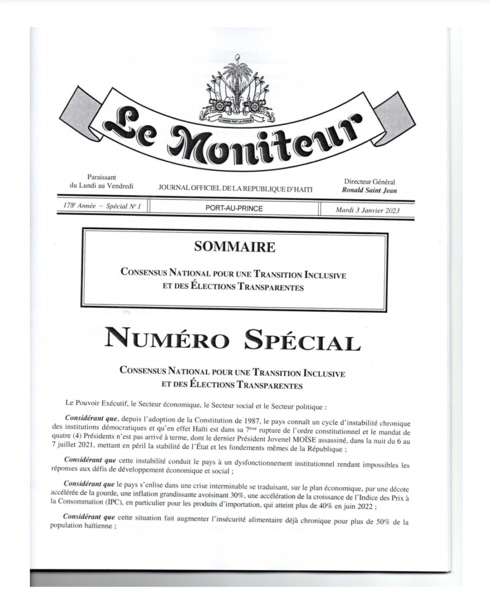 Haïti-Politique: Le Consensus National pour une Transition Inclusive et des Élections Transparente publié dans le Journal Le Moniteur