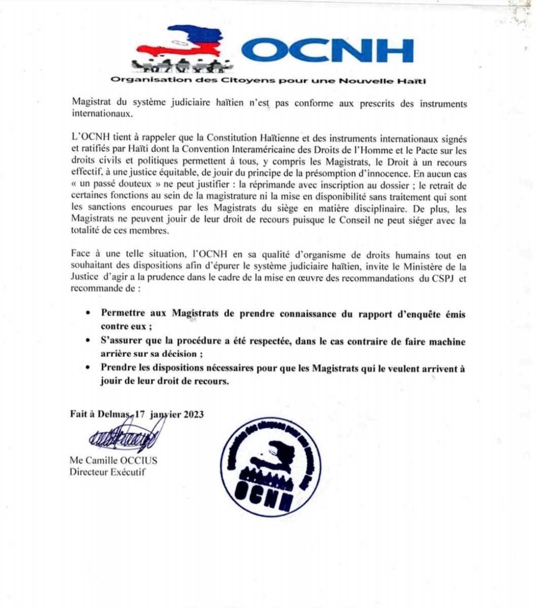 Justice: l'OCNH fixe sa position sur la décision du CSPJ concernant la certification des Magistrats