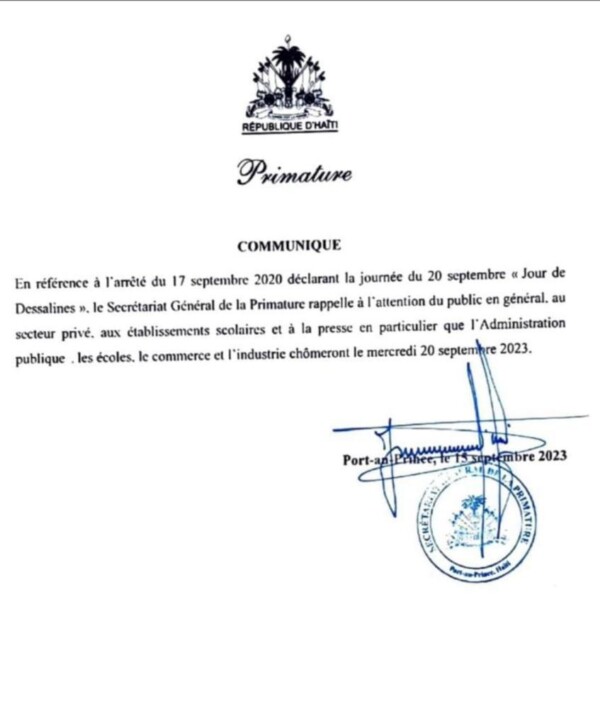 20 septembre, jour de Dessalines, les institutions chômeront