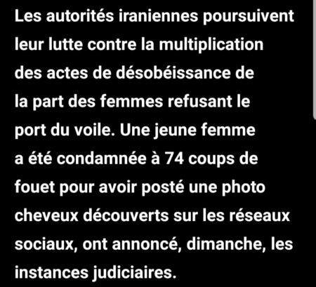 Iran: une femme a reçu 74 coups de fouet "pour avoir publié une photo sans le voile"