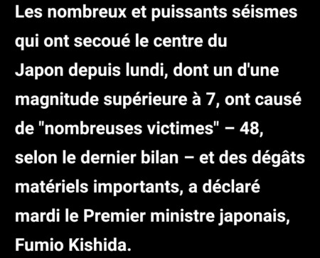 Serie de puissants séismes de magnitude supérieure à 7 au Japon: le bilan s'alourdit