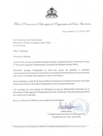 Affaire de Jovenel Moise : l'ambassadeur d'Haïti à l'OEA, Léon Charles, présente sa démission au Ministre Généus
