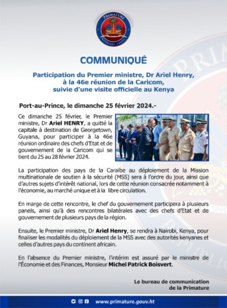 46e réunion de la CARICOM: le PM Ariel Henry s’envole pour le Guyana avant de se rendre officiellement au Kenya