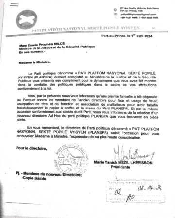 Une plainte déposée contre des anciens membres du directoire du parti PLANSPA pour faux et usage de faux