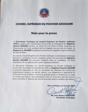 RENAMAH et le CSPJ condamnent l'assassinat du magistrat Questel Maximé