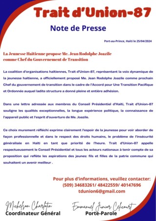 La jeunesse haïtienne propose Me. Jean Rodolphe Joazile comme chef du gouvernement de transition