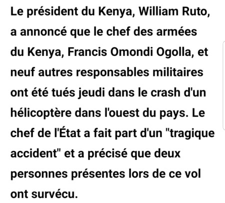 Kenya: le chef des armées et neuf autres responsables militaires tués dans un crash d'hélicoptère
