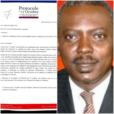 Course à la primature, le Protocole du I7 Octobre soutient Jean Rodolphe Joazile