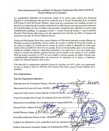 Paul Antoine Bien-Aimé, candidat au poste de premier ministre, soutenu par de nombreuses organisations socio-politiques