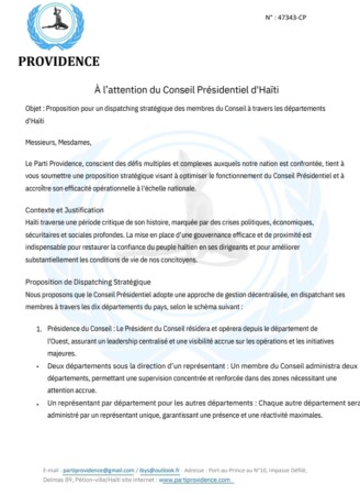 Gouvernance: Le parti Providence invite le CP à adopter une approche de gestion décentralisée 2 Gouvernance: Le parti Providence invite le CP à adopter une approche de gestion décentralisée
