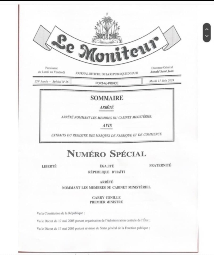 Publication officielle de l'arrêté nommant les membres du cabinet ministériel de Garry Conille