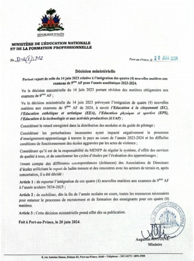 Haïti-Éducation: Le MENFP fait retrait des quatre nouvelles matières du cursus de la 9ème année fondamentale