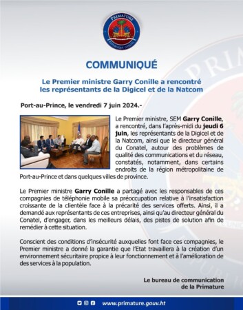 Haïti-Télécommunications: Rencontre entre le PM Gary Conille et les représentants de la Digicel et de la Natcom 2 Haïti-Télécommunications: Rencontre entre le PM Gary Conille et les représentants de la Digicel et de la Natcom