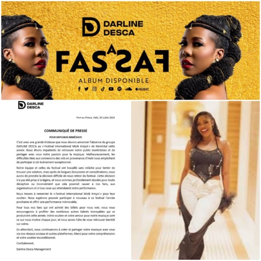 Darline Desca annule sa participation au Festival Mizik Kreyol de Montréal en raison de problèmes de vols